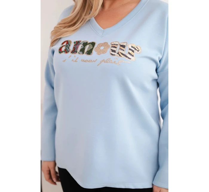 Dámská mikina Plus Size s nápisem a výstřihem do V modrá Dámská mikina Plus Size s nápisem a výstřihem do V modrá