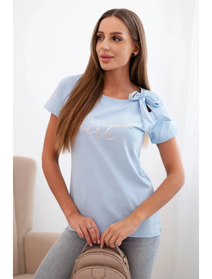 Dámska bavlnená blúzka s mašľou na ramene a modrou potlačou