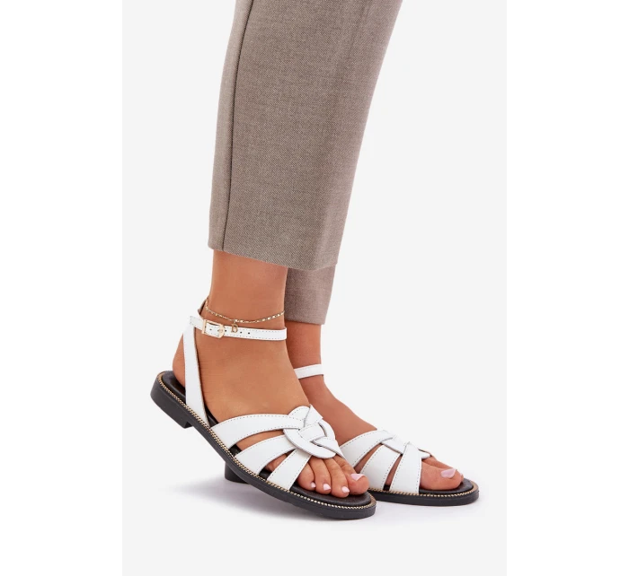 Skórzane Sandały Damskie Na Płaskim Obcasie Zazoo 3688 Białe Skórzane Sandały Damskie Na Płaskim Obcasie Zazoo 3688 Białe