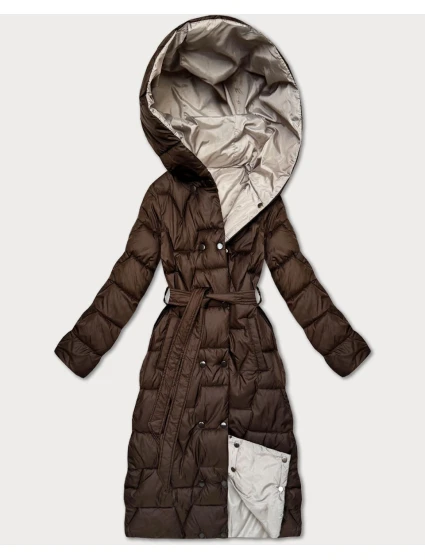 Minoritský obojstranne prešívaný prechodný kabát s dĺžkou po kolená, čokoládovo-béžový (M6-6015-103+62)