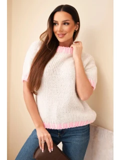 Dámsky sveter s krátkym rukávom a kontrastným lemovaním béžovej farby