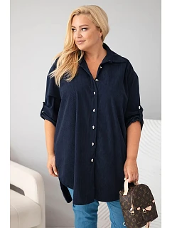 Dámska košeľa Plus Size z viskózového manšestru s odnímateľnými rukávmi, modrá