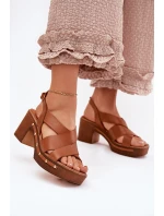 Skórzane Sandały Na Słupku Zazoo 1081 Brązowe