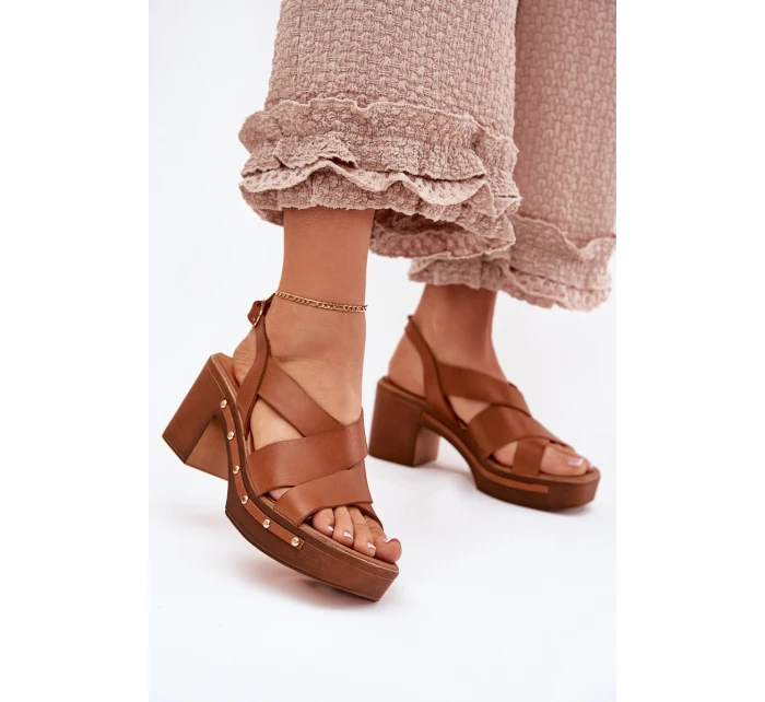 Skórzane Sandały Na Słupku Zazoo 1081 Brązowe