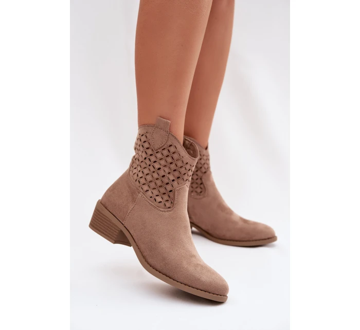 Dámské perforované kotníkové boty na podpatku Béžové model 22009787 - Boto