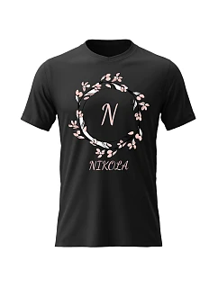 Dámské bavlněné tričko s potiskem - KVĚTINOVÝ MOTIV SE JMÉNEM - NIKOLA - černé