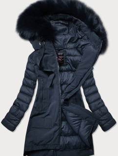 Tmavomodrá dámska zimná bunda z rôznych spojených materiálov (7708)