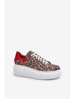 Skórzane Sneakersy Na Platformie W Panterkę Zazoo 3346 Brązowo-Czerwone