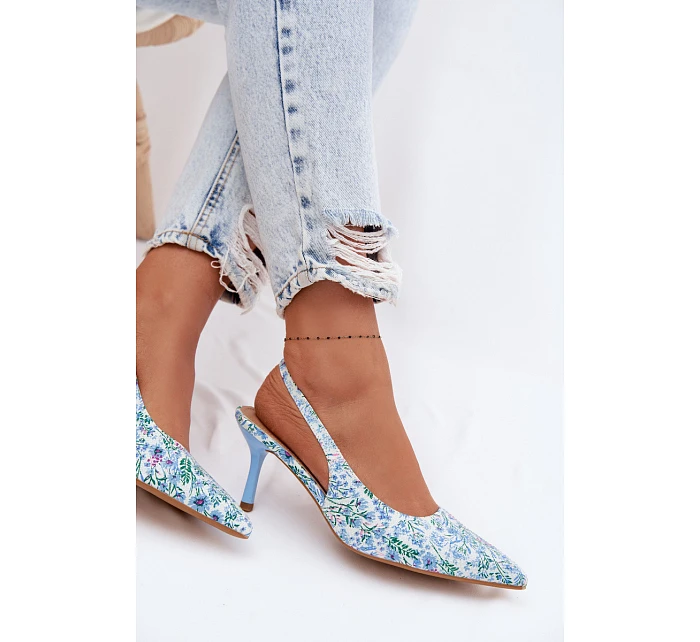 Ozdobené dámské sandály na jehlovém podpatku s květinovým vzorem modré Olivelle