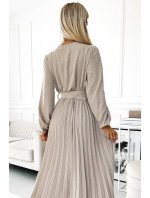 VIVIANA - Béžové dámske midi šaty s výstrihom, dlhými rukávmi a širokým opaskom 504-2