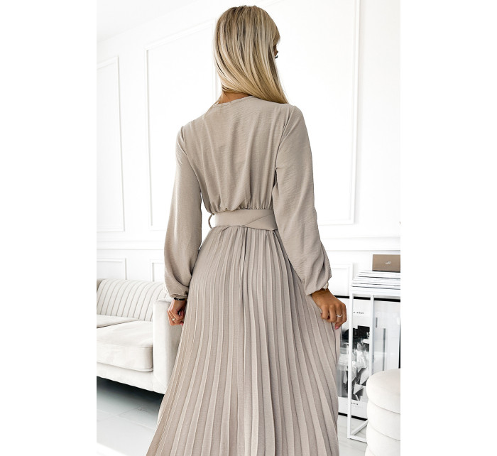 VIVIANA - Béžové dámské midi šaty s výstřihem, dlouhými rukávy a širokým opaskem 504-2