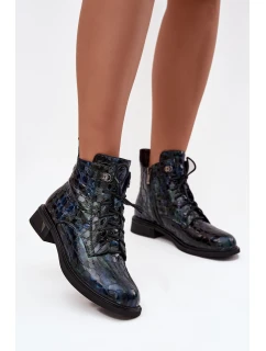Lakierowane Botki Damskie Z Naturalnej Skóry D&A LZ52-962 Granatowe