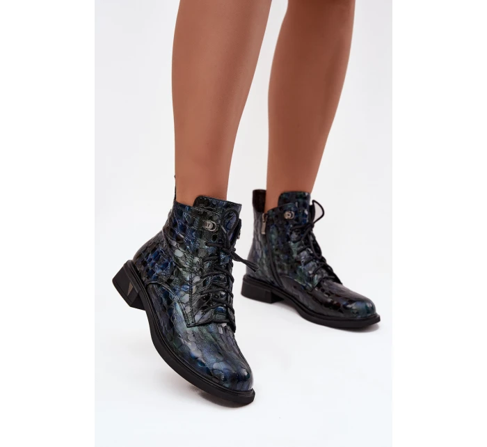 Lakierowane Botki Damskie Z Naturalnej Skóry D&A LZ52-962 Granatowe