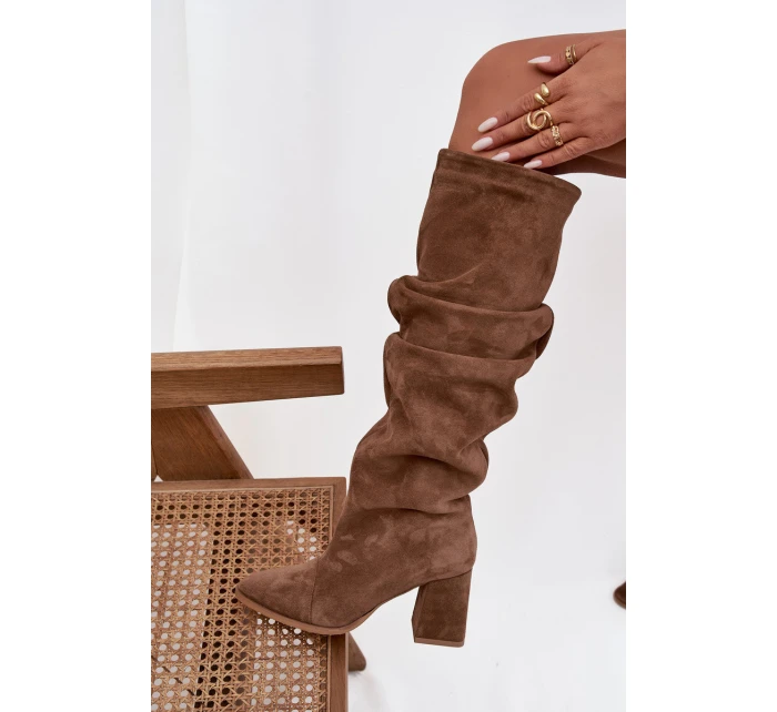 Marszczone Kozaki Z Naturalnego Zamszu Na Słupku Ocieplane Zazoo 4228 Jasnobrązowe