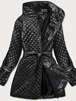 Čierna prešívaná dámska bunda s opaskom (7262)