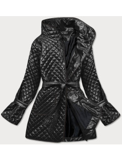 Čierna prešívaná dámska bunda s opaskom (7262)