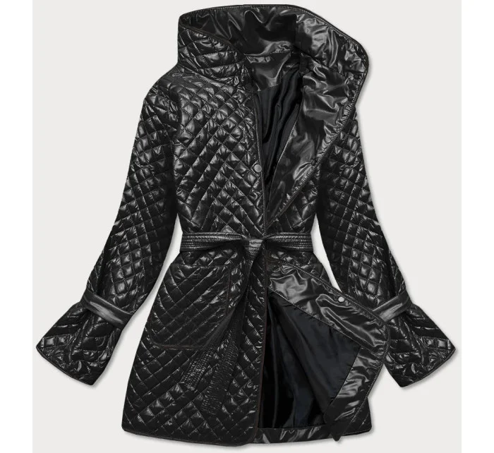 Čierna prešívaná dámska bunda s opaskom (7262)