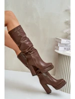 Wsuwane Kozaki Na Słupku I Platformie Z Marszczeniem Ocieplane Brązowe Beridra Wsuwane Kozaki Na Słupku I Platformie Z Marszczeniem Ocieplane Brązowe Beridra