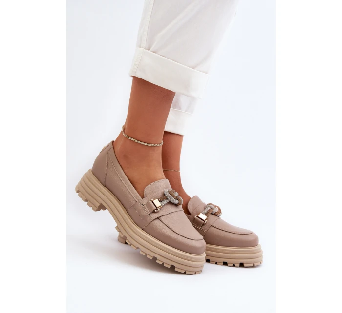 Skórzane Mokasyny Damskie Z Ozdobą Laura Messi 2780 Ciemnobeżowe