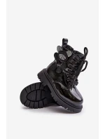 Zateplené dívčí botky s medvídkem na zip lakované černé Relobia