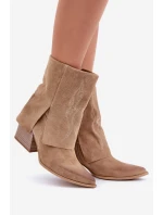 Zamszowe Botki Kowbojki Na Słupku Z Wywiniętą Cholewką Zazoo 3488 Beżowe