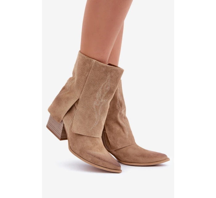 Zamszowe Botki Kowbojki Na Słupku Z Wywiniętą Cholewką Zazoo 3488 Beżowe