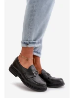 Zazoo 20174 Skórzane Eleganckie Półbuty Damskie Na Płaskim Obcasie Czarne