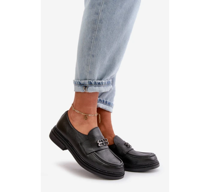 Zazoo 20174 Skórzane Eleganckie Półbuty Damskie Na Płaskim Obcasie Czarne