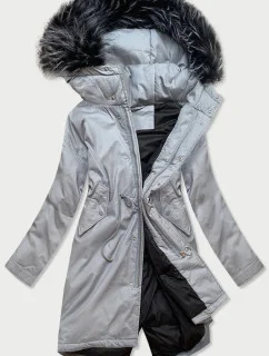 Šedá bavlnená dámska zimná bunda typu parka s výplňou z prírodného páperia (7085)