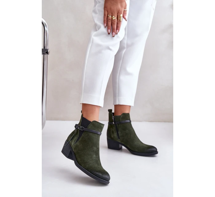 Zazoo 60478 Zamszowe Botki Na Obcasie Ocieplane Zapinane Na Zamek Ciemnozielone