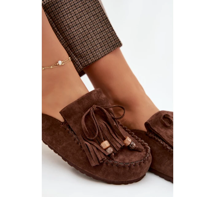 Dámské nazouváky Mule s třásněmi a korálky Čokoládové Belissa