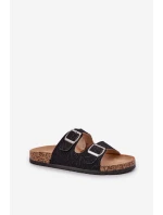 Materiałowe Klapki Na Korkowej Podeszwie Z Klamrami Czarne Atera