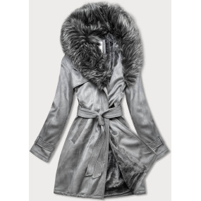 Sivý dámsky semišový zimný kabát s opaskom (6515)