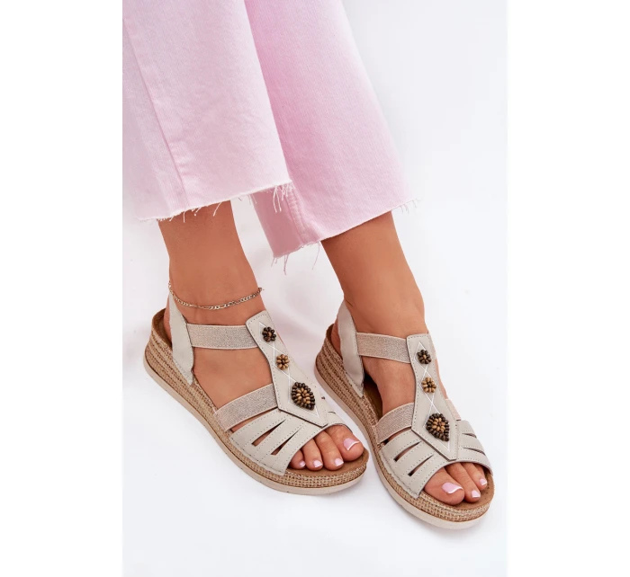 Sandały Damskie Na Koturnie Z Ozdobami Inblu RV000015 Jasnobeżowe