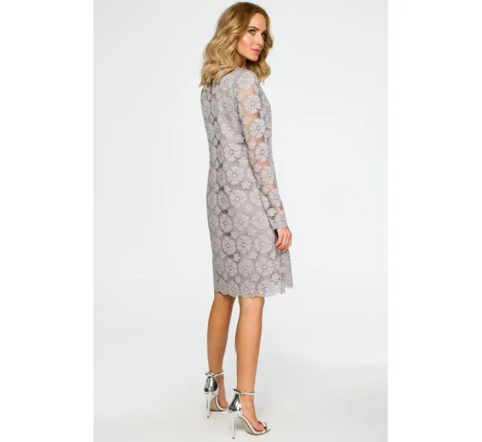 M406 čipkované šaty v tvare A s dlhými rukávmi - sivé