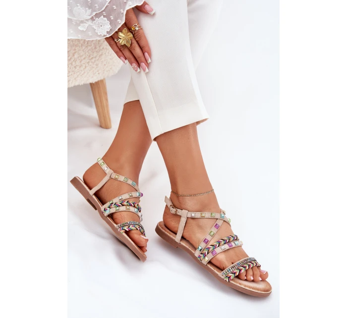 Sandały Damskie Ze Zdobieniem I Plecionymi Paskami Beżowe Delyra Sandały Damskie Ze Zdobieniem I Plecionymi Paskami Beżowe Delyra