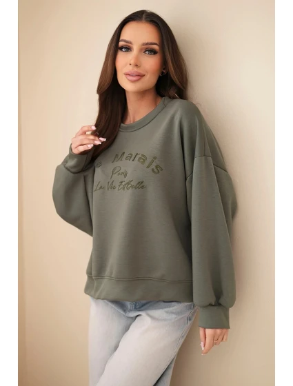 Dámská mikina s výšivkou volného střihu model 21893770 khaki - K-Fashion
