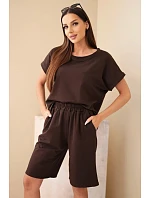Dámský bavlněný komplet halenka krátký rukáv a kraťasy s gumičkou v pase hnědá