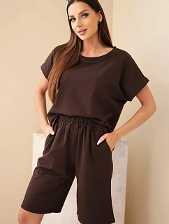 Dámska bavlnená súprava blúzky s krátkym rukávom a šortiek s elastickým pásom hnedej farby