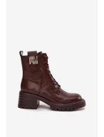 Skórzane Botki Workery Damskie Na Klocku Z Ozdobnym Detalem Artiker 57C0213 Brązowe