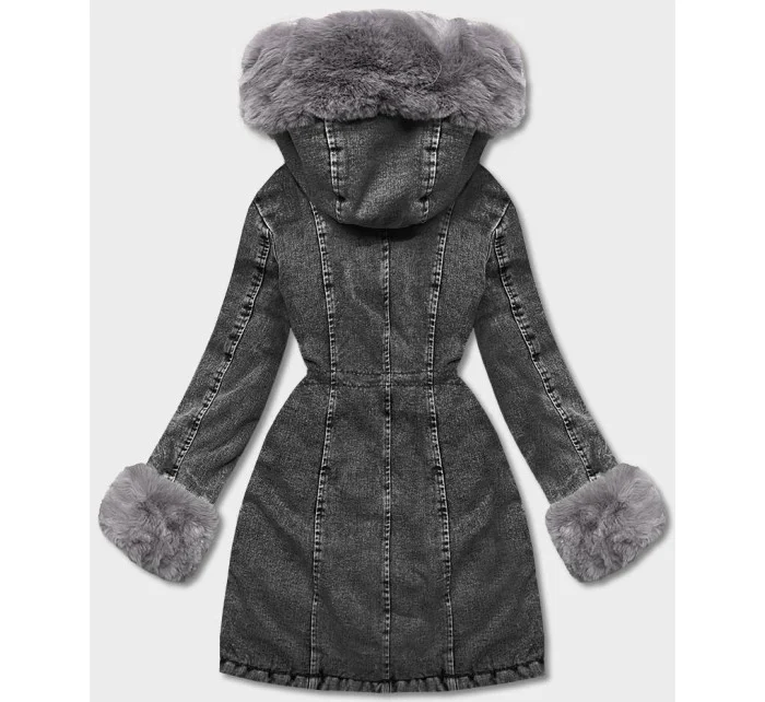 Čierna/sivá dámska džínsová bunda s kožušinovou podšívkou (B8068-109)